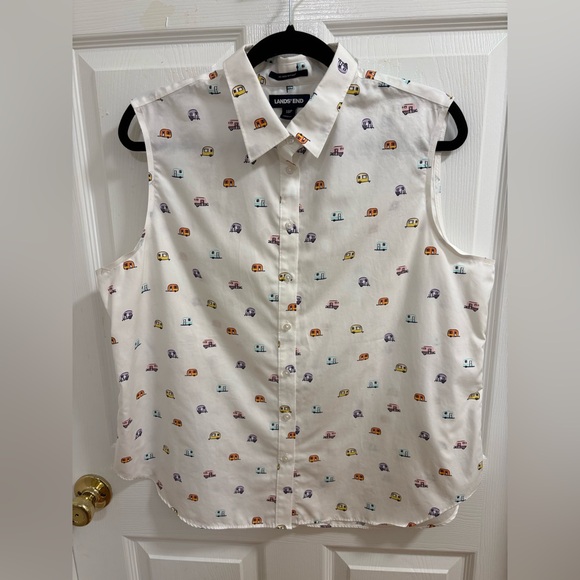 Lands' End Tops - Lands' End women's white sleeveless blouse, colorful camper van pattern.